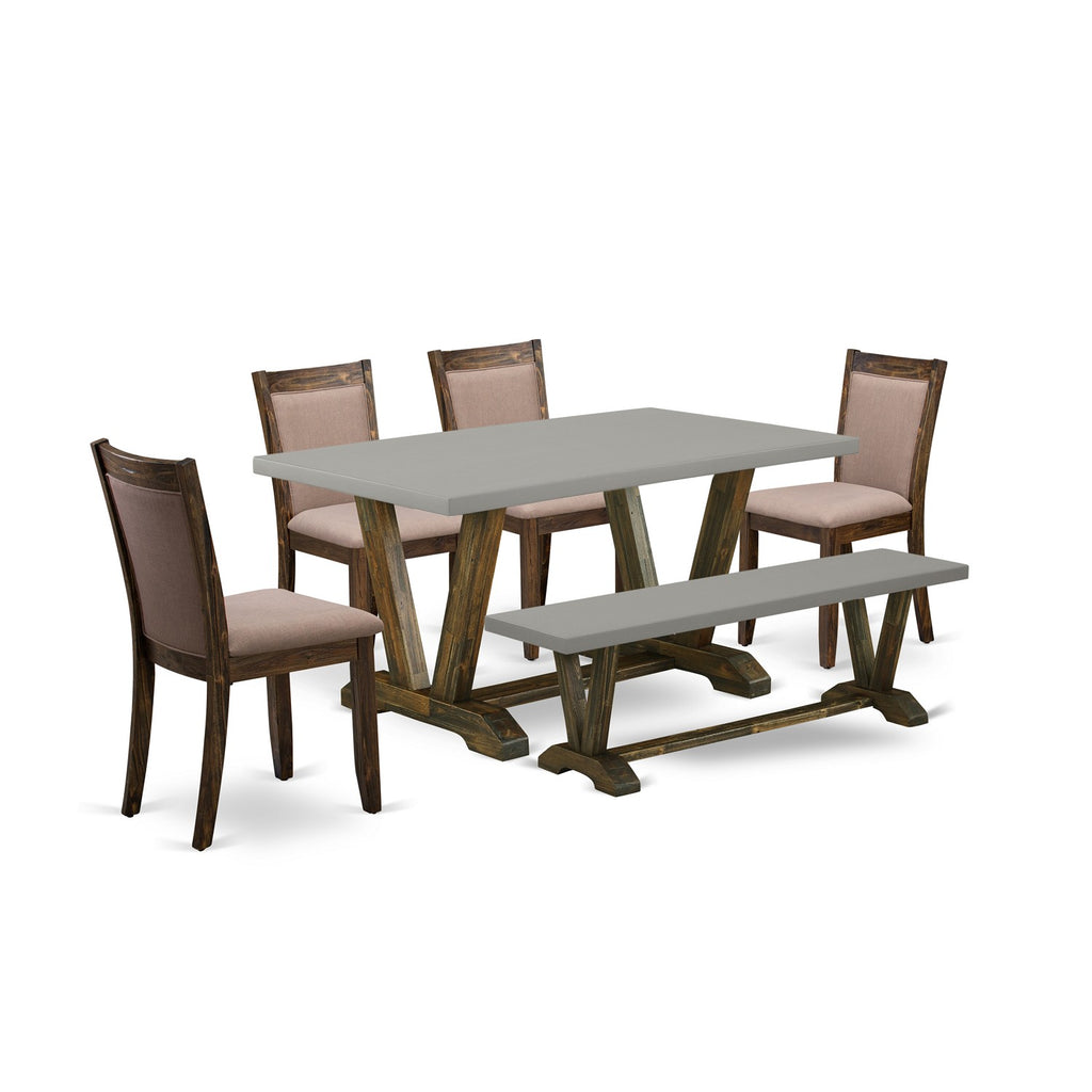 East West Furniture V796MZ748-6 6 Piece Dining Room Table Set Contains a Rectangle Kitchen Table with V-Legs and 4 Coffee Linen Fabric Parson Chairs with a Bench, 36x60 Inch, Multi-Color