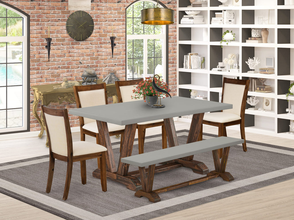 East West Furniture V796MZN32-6 6 Piece Dining Set Contains a Rectangle Dining Room Table with V-Legs and 4 Light Beige Linen Fabric Upholstered Chairs with a Bench, 36x60 Inch, Multi-Color