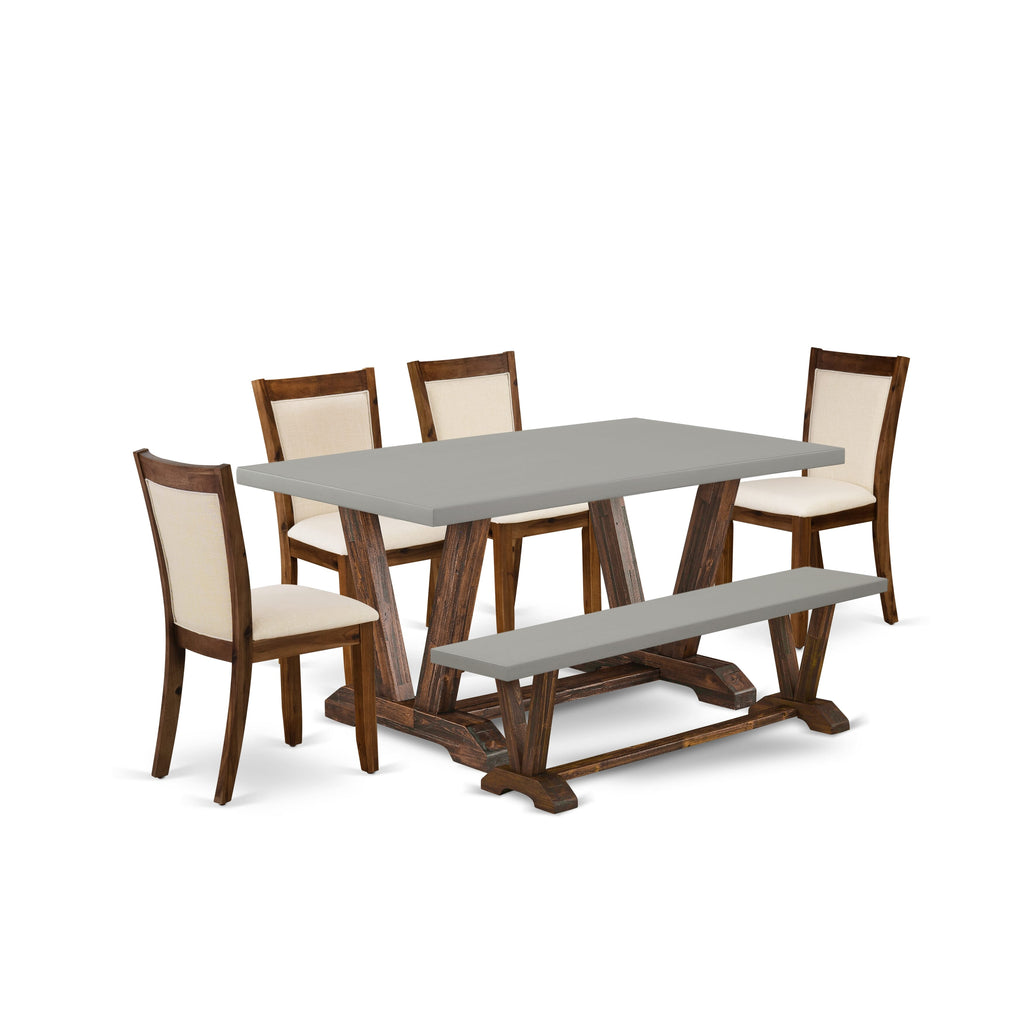 East West Furniture V796MZN32-6 6 Piece Dining Set Contains a Rectangle Dining Room Table with V-Legs and 4 Light Beige Linen Fabric Upholstered Chairs with a Bench, 36x60 Inch, Multi-Color