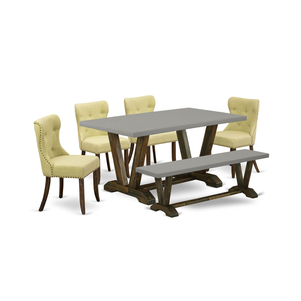 East West Furniture V796SI737-6 6 Piece Dining Table Set Contains a Rectangle Kitchen Table with V-Legs and 4 Limelight Linen Fabric Upholstered Chairs with a Bench, 36x60 Inch, Multi-Color