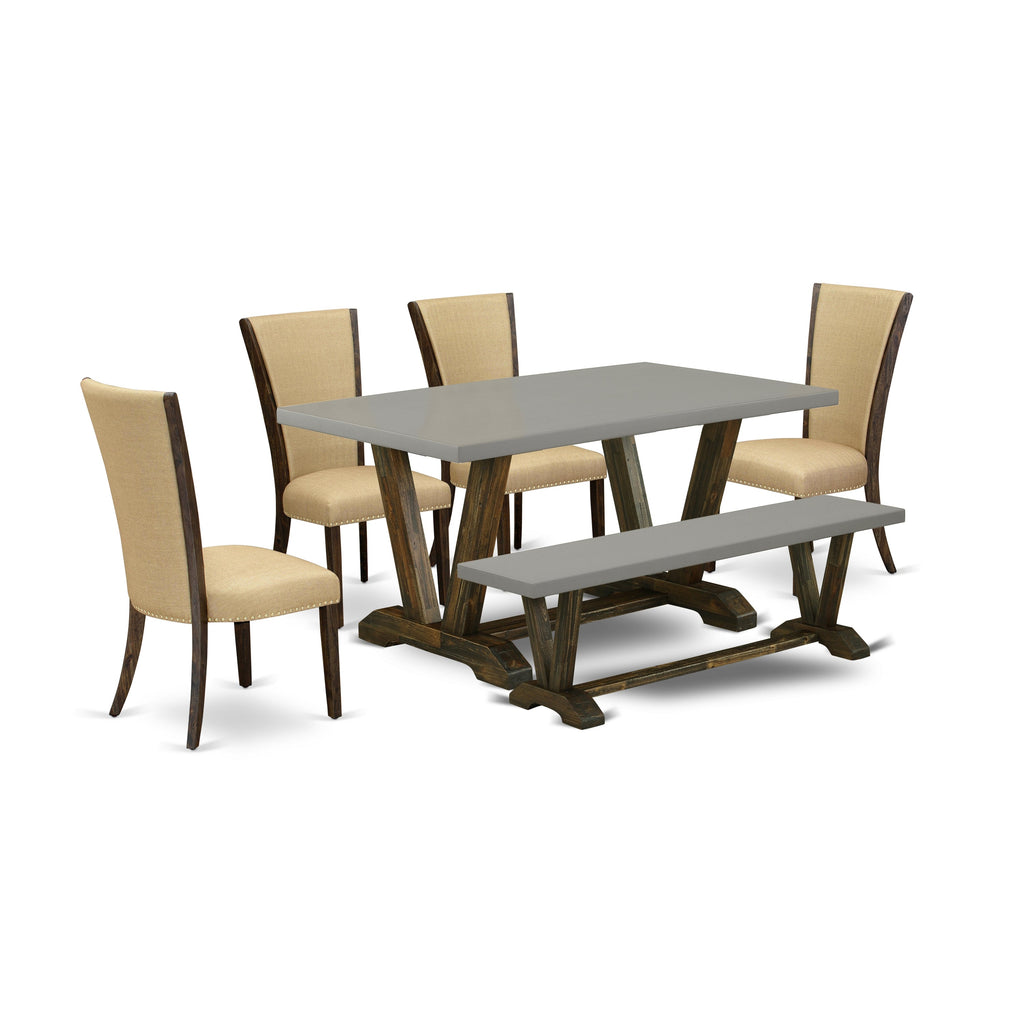 East West Furniture V796VE703-6 6 Piece Dining Set Contains a Rectangle Dining Room Table with V-Legs and 4 Brown Linen Fabric Parson Chairs with a Bench, 36x60 Inch, Multi-Color