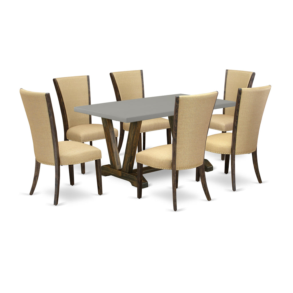 East West Furniture V796VE703-7 7 Piece Dining Room Table Set Consist of a Rectangle Kitchen Table with V-Legs and 6 Brown Linen Fabric Parson Dining Chairs, 36x60 Inch, Multi-Color