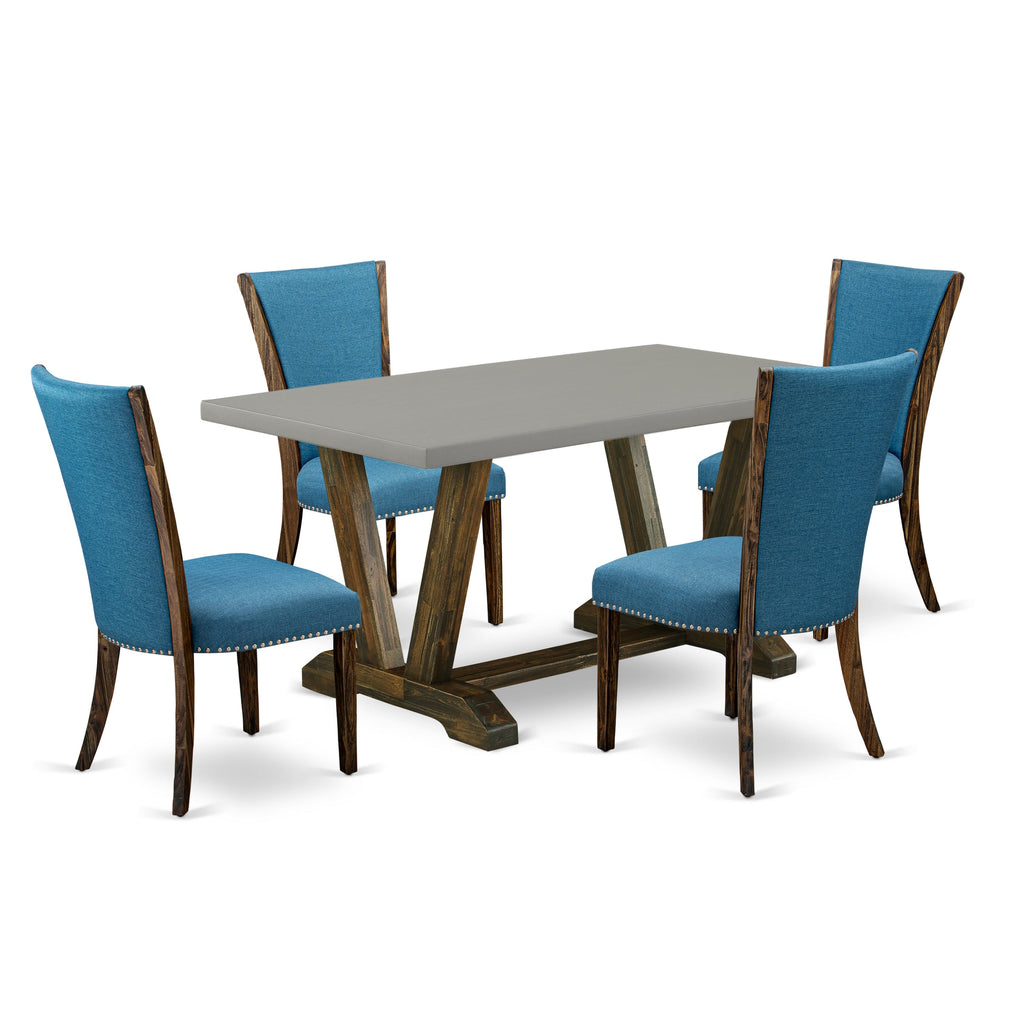 East West Furniture V796VE721-5 5 Piece Dinette Set for 4 Includes a Rectangle Dining Room Table with V-Legs and 4 Blue Color Linen Fabric Parson Dining Chairs, 36x60 Inch, Multi-Color