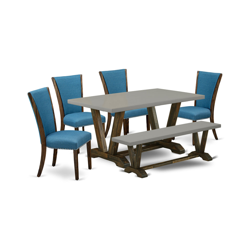 East West Furniture V796VE721-6 6 Piece Modern Dining Table Set Contains a Rectangle Wooden Table and 4 Blue Color Linen Fabric Upholstered Chairs with a Bench, 36x60 Inch, Multi-Color