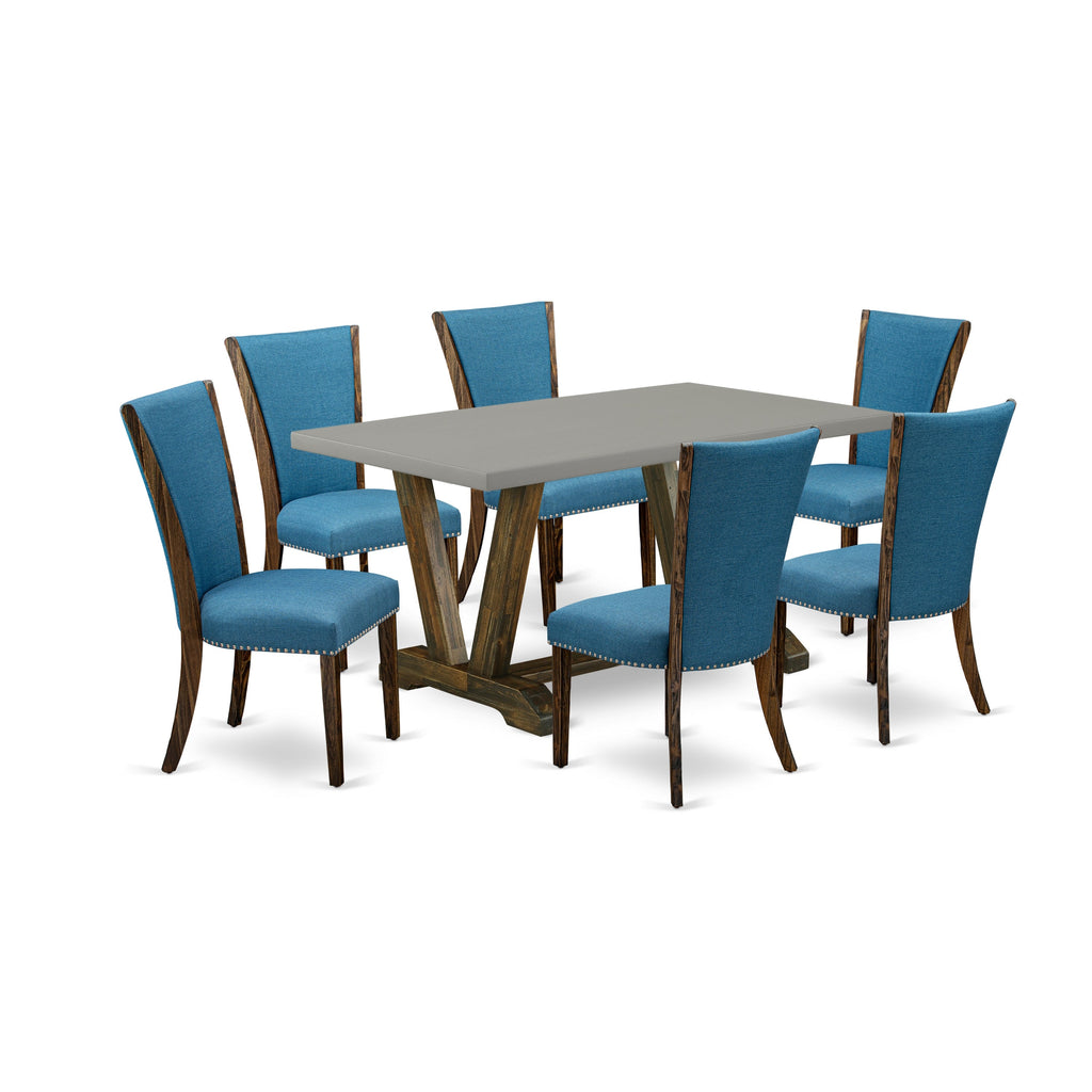 East West Furniture V796VE721-7 7 Piece Modern Dining Table Set Consist of a Rectangle Wooden Table with V-Legs and 6 Blue Color Linen Fabric Parson Chairs, 36x60 Inch, Multi-Color