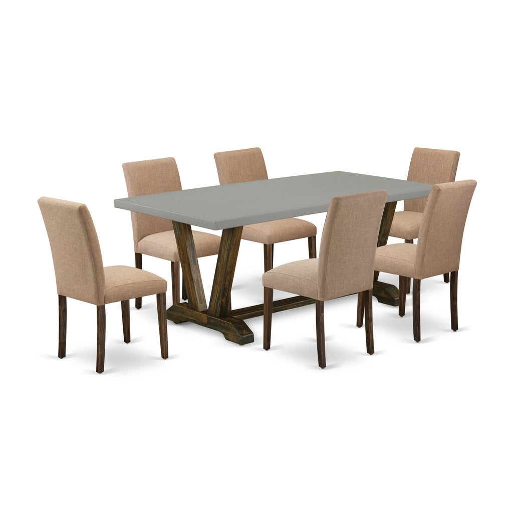 East West Furniture V797AB747-7 7 Piece Kitchen Table Set Consist of a Rectangle Dining Table with V-Legs and 6 Light Sable Linen Fabric Parson Dining Chairs, 40x72 Inch, Multi-Color
