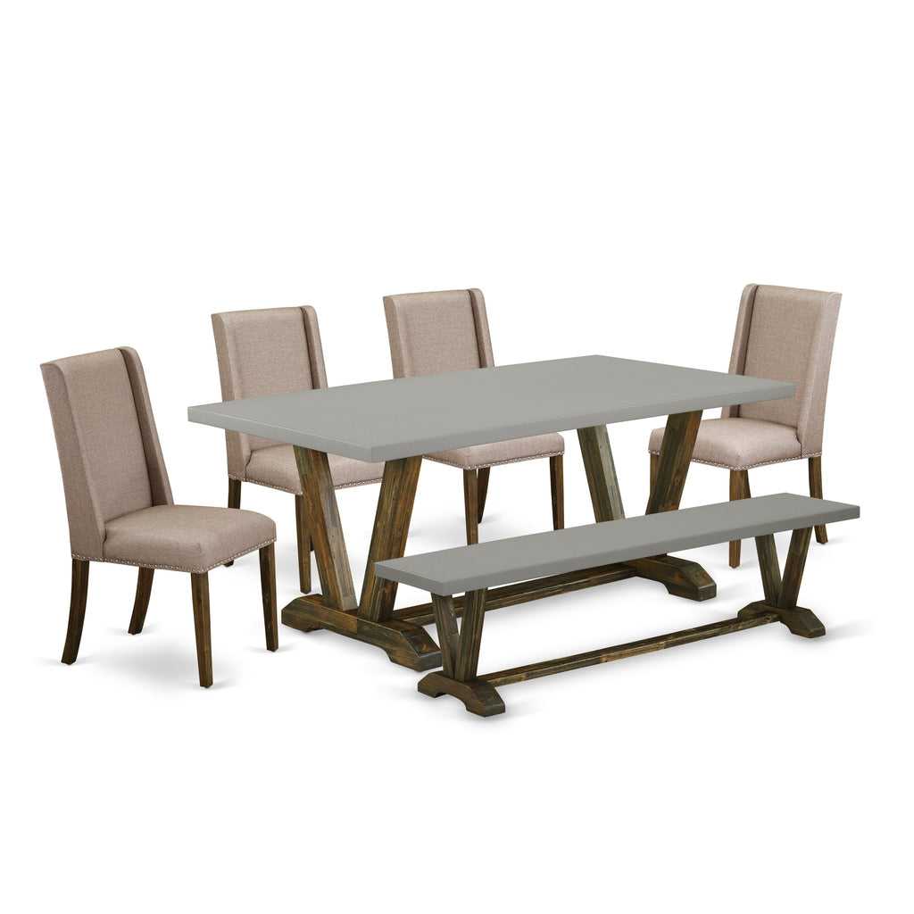 East West Furniture V797FL716-6 6 Piece Dining Table Set Contains a Rectangle Dining Room Table with V-Legs and 4 Dark Khaki Linen Fabric Parson Chairs with a Bench, 40x72 Inch, Multi-Color