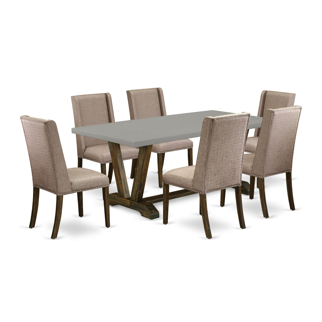 East West Furniture V797FL716-7 7 Piece Dining Room Furniture Set Consist of a Rectangle Dining Table with V-Legs and 6 Dark Khaki Linen Fabric Parsons Chairs, 40x72 Inch, Multi-Color