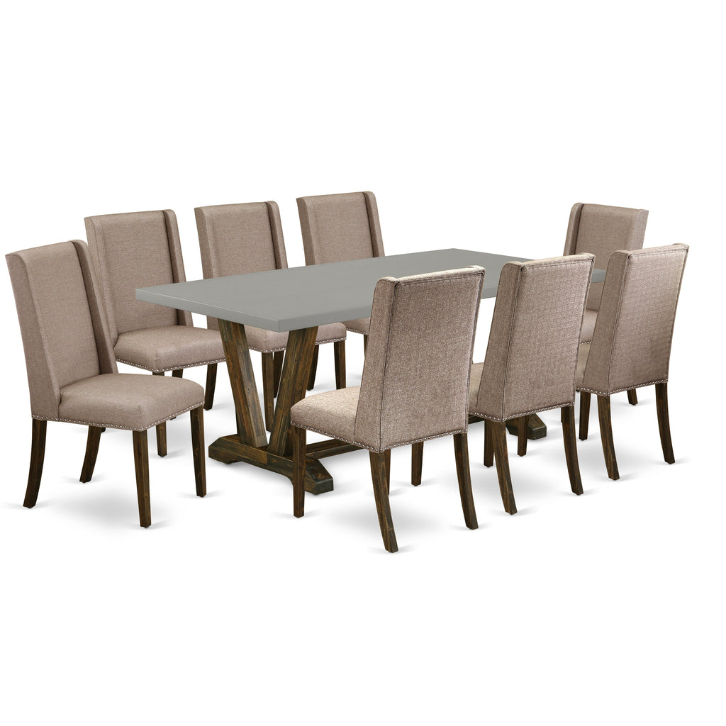 East West Furniture V797FL716-9 9 Piece Dining Room Table Set Includes a Rectangle Dining Table with V-Legs and 8 Dark Khaki Linen Fabric Upholstered Chairs, 40x72 Inch, Multi-Color