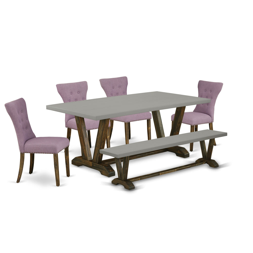 East West Furniture V797GA740-6 6 Piece Dining Table Set Contains a Rectangle Table with V-Legs and 4 Dahlia Linen Fabric Upholstered Chairs with a Bench, 40x72 Inch, Multi-Color