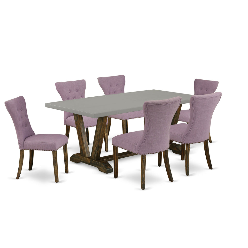East West Furniture V797GA740-7 7 Piece Dining Set Consist of a Rectangle Dining Room Table with V-Legs and 6 Dahlia Linen Fabric Upholstered Parson Chairs, 40x72 Inch, Multi-Color