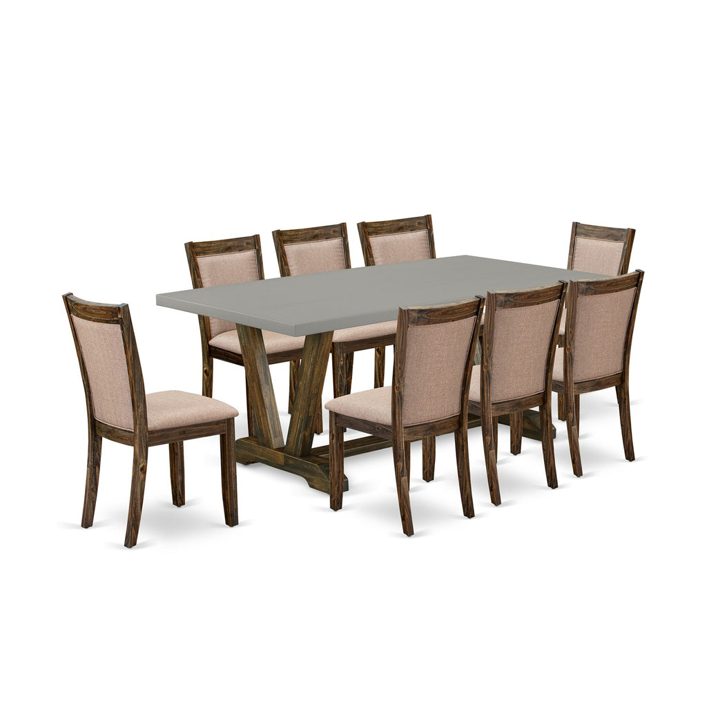 East West Furniture V797MZ716-9 9 Piece Dining Room Table Set Includes a Rectangle Kitchen Table with V-Legs and 8 Dark Khaki Linen Fabric Parson Dining Chairs, 40x72 Inch, Multi-Color