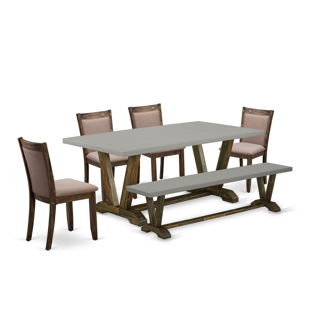 East West Furniture V797MZ748-6 6 Piece Modern Dining Table Set Contains a Rectangle Wooden Table with V-Legs and 4 Coffee Linen Fabric Parson Chairs with a Bench, 40x72 Inch, Multi-Color