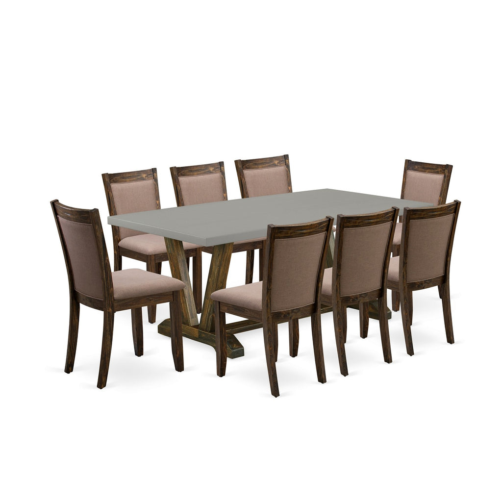 East West Furniture V797MZ748-9 9 Piece Modern Dining Table Set Includes a Rectangle Wooden Table with V-Legs and 8 Coffee Linen Fabric Parson Dining Chairs, 40x72 Inch, Multi-Color