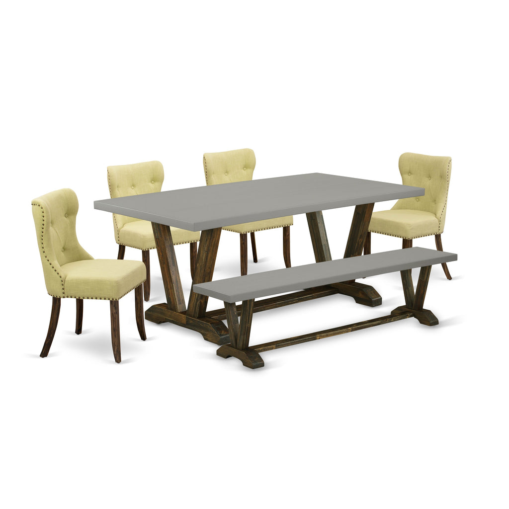 East West Furniture V797SI737-6 6 Piece Kitchen Table Set Contains a Rectangle Dining Table with V-Legs and 4 Limelight Linen Fabric Parson Chairs with a Bench, 40x72 Inch, Multi-Color