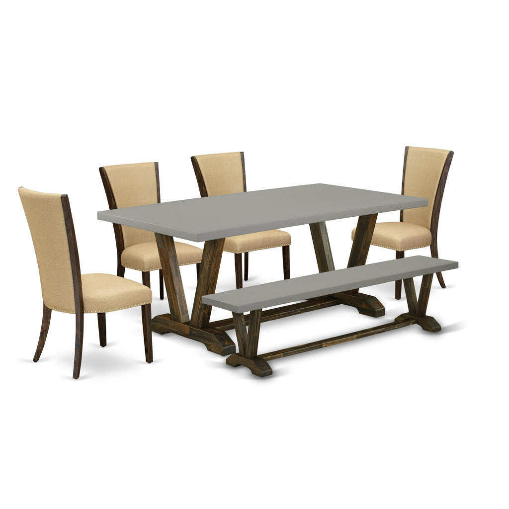 East West Furniture V797VE703-6 6 Piece Dining Table Set Contains a Rectangle Dining Room Table with V-Legs and 4 Brown Linen Fabric Parson Chairs with a Bench, 40x72 Inch, Multi-Color