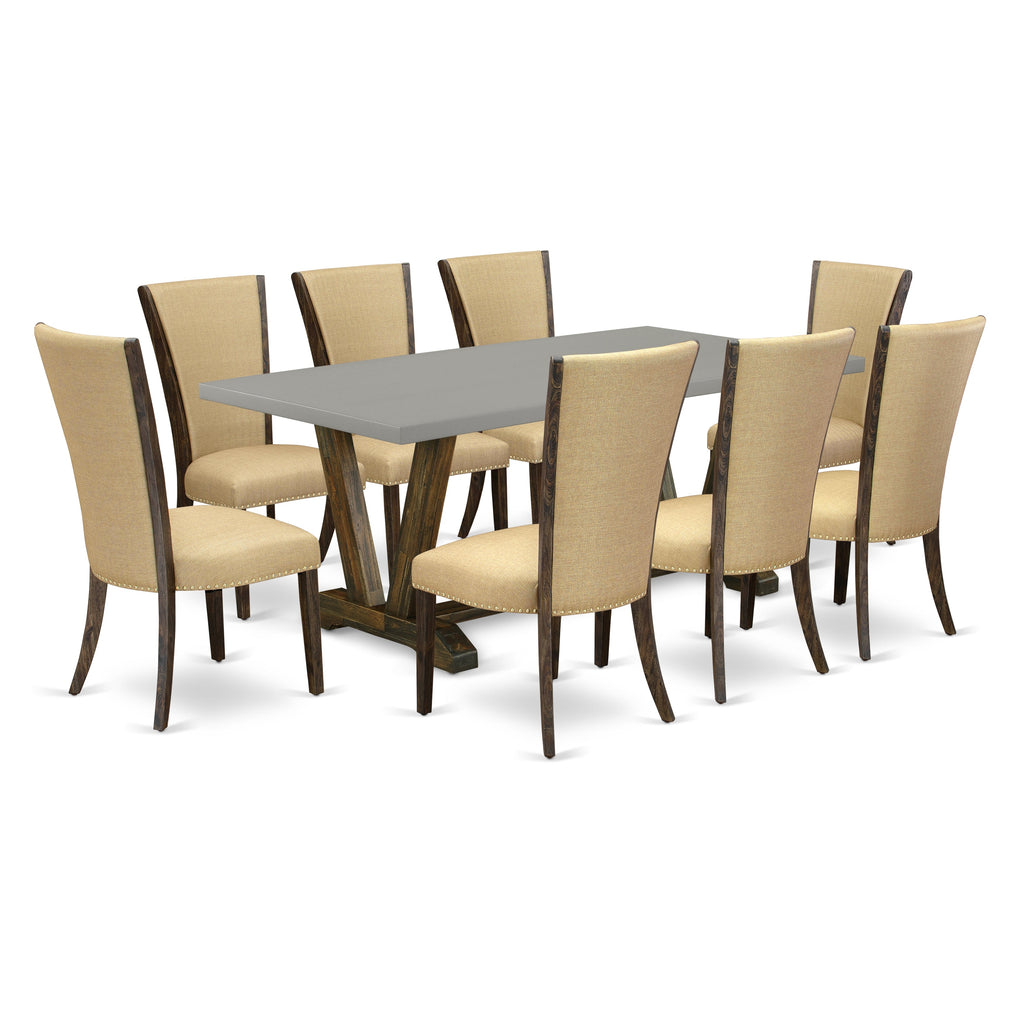 East West Furniture V797VE703-9 9 Piece Dining Room Table Set Includes a Rectangle Kitchen Table with V-Legs and 8 Brown Linen Fabric Parsons Dining Chairs, 40x72 Inch, Multi-Color