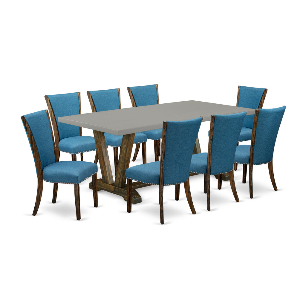 East West Furniture V797VE721-9 9 Piece Dining Table Set Includes a Rectangle Dining Room Table with V-Legs and 8 Blue Color Linen Fabric Parsons Chairs, 40x72 Inch, Multi-Color