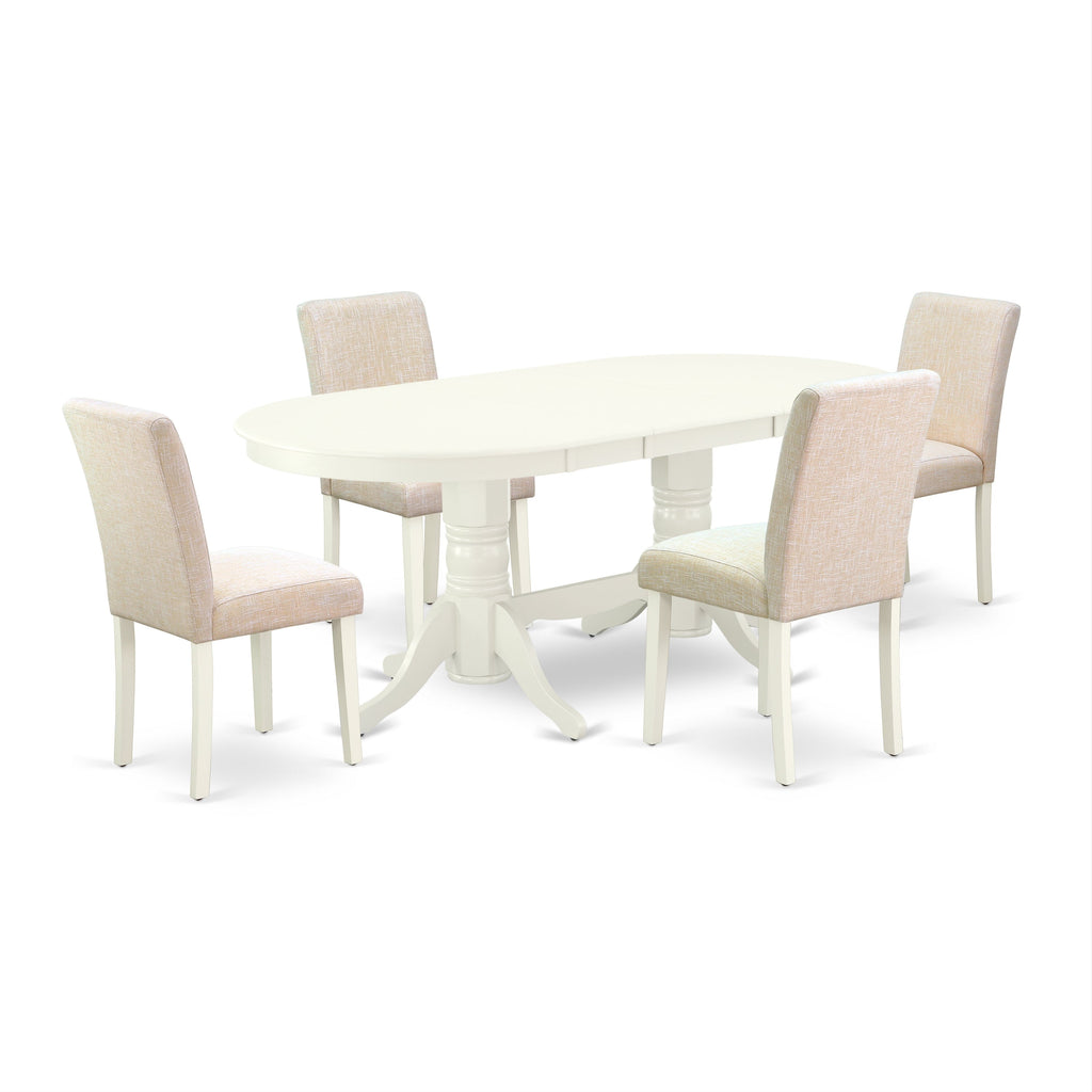 East West Furniture VAAB5-LWH-02 5 Piece Dining Room Table Set Includes an Oval Kitchen Table with Butterfly Leaf and 4 Light Beige Linen Fabric Parsons Chairs, 40x76 Inch, Linen White