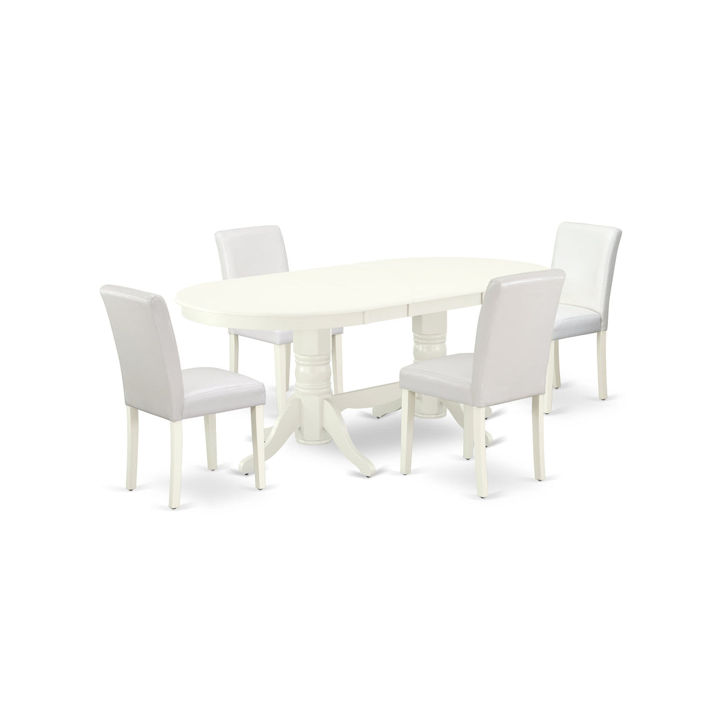 East West Furniture VAAB5-LWH-64 5 Piece Dining Set Includes an Oval Dining Room Table with Butterfly Leaf and 4 White Faux Leather Upholstered Parson Chairs, 40x76 Inch, Linen White