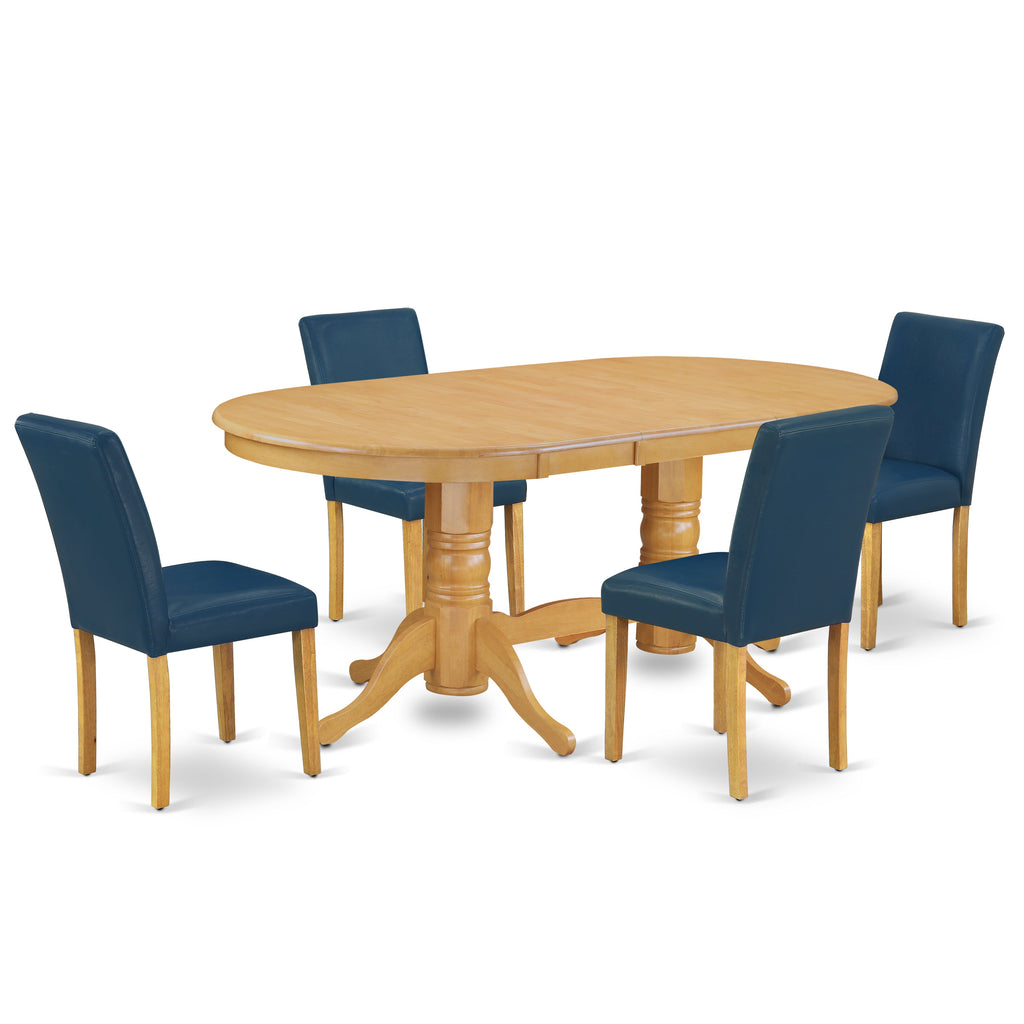 East West Furniture VAAB5-OAK-55 5 Piece Dining Table Set Includes an Oval Dining Room Table with Butterfly Leaf and 4 Oasis Blue Faux Leather Parsons Chairs, 40x76 Inch, Oak