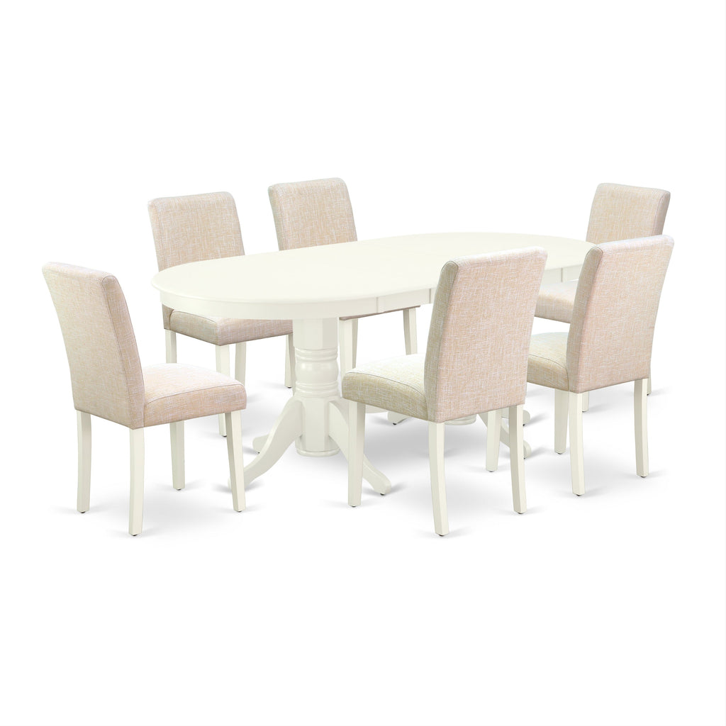 East West Furniture VAAB7-LWH-02 7 Piece Modern Dining Table Set Consist of an Oval Wooden Table with Butterfly Leaf and 6 Light Beige Linen Fabric Parsons Chairs, 40x76 Inch, Linen White