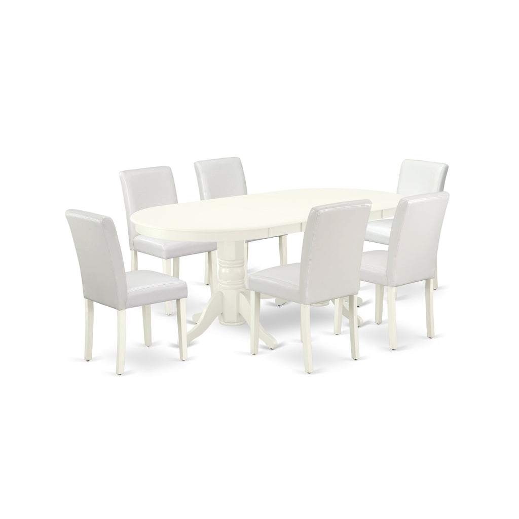 East West Furniture VAAB7-LWH-64 7 Piece Dinette Set Consist of an Oval Dining Room Table with Butterfly Leaf and 6 White Faux Leather Upholstered Chairs, 40x76 Inch, Linen White