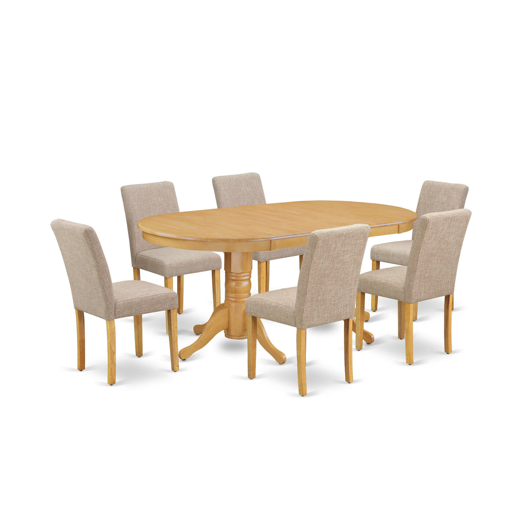 East West Furniture VAAB7-OAK-04 7 Piece Dinette Set Consist of an Oval Dining Room Table with Butterfly Leaf and 6 Light Tan Linen Fabric Upholstered Chairs, 40x76 Inch, Oak