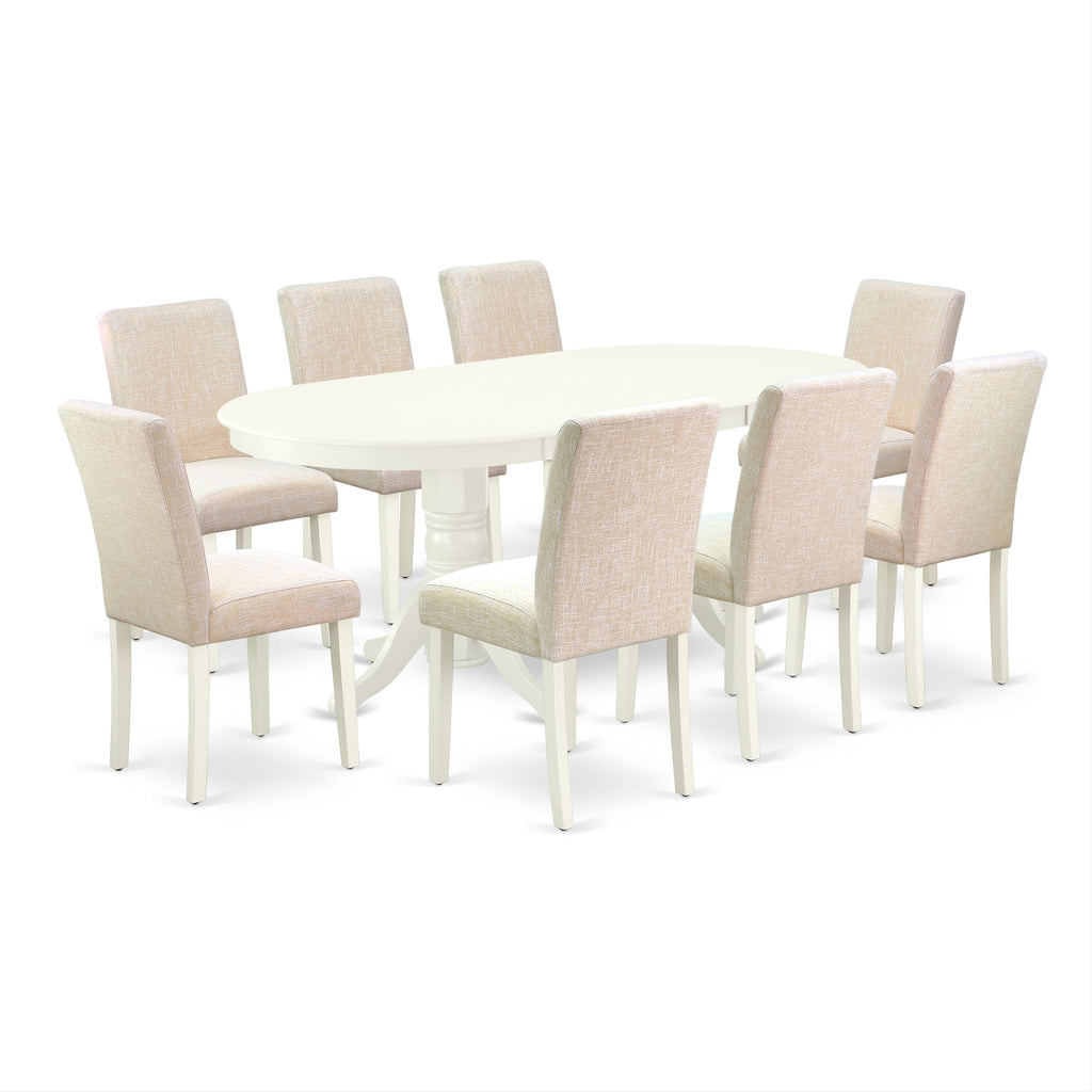 East West Furniture VAAB9-LWH-02 9 Piece Dining Room Set Includes an Oval Wooden Table with Butterfly Leaf and 8 Light Beige Linen Fabric Parson Dining Chairs, 40x76 Inch, Linen White