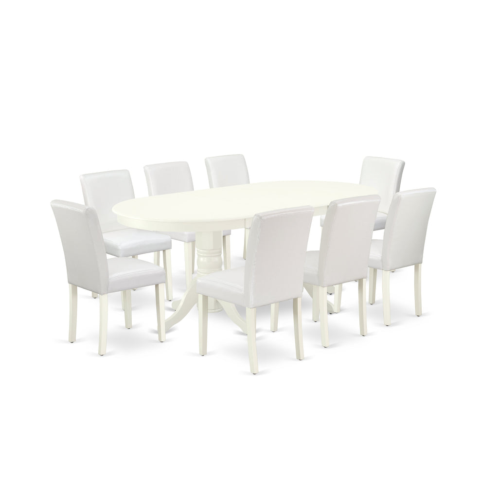 East West Furniture VAAB9-LWH-64 9 Piece Modern Dining Table Set Includes an Oval Wooden Table with Butterfly Leaf and 8 White Faux Leather Parson Dining Chairs, 40x76 Inch, Linen White
