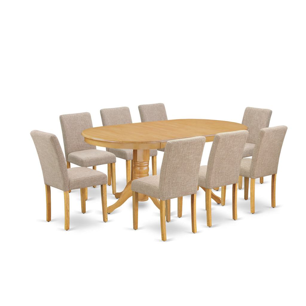 East West Furniture VAAB9-OAK-04 9 Piece Dining Table Set Includes an Oval Dining Room Table with Butterfly Leaf and 8 Light Tan Linen Fabric Parsons Chairs, 40x76 Inch, Oak