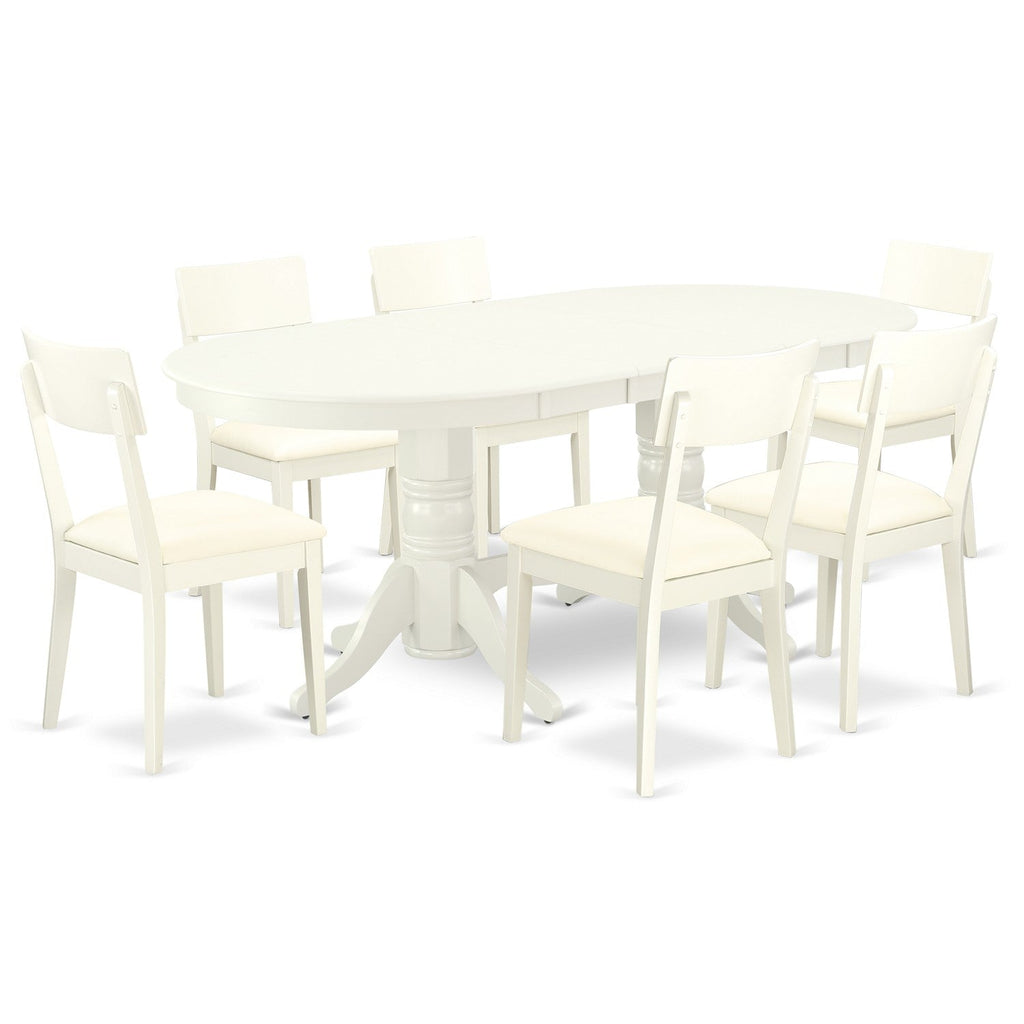 East West Furniture VAAD7-LWH-LC 7 Piece Dinette Set Consist of an Oval Dining Room Table with Butterfly Leaf and 6 Faux Leather Upholstered Dining Chairs, 40x76 Inch, Linen White