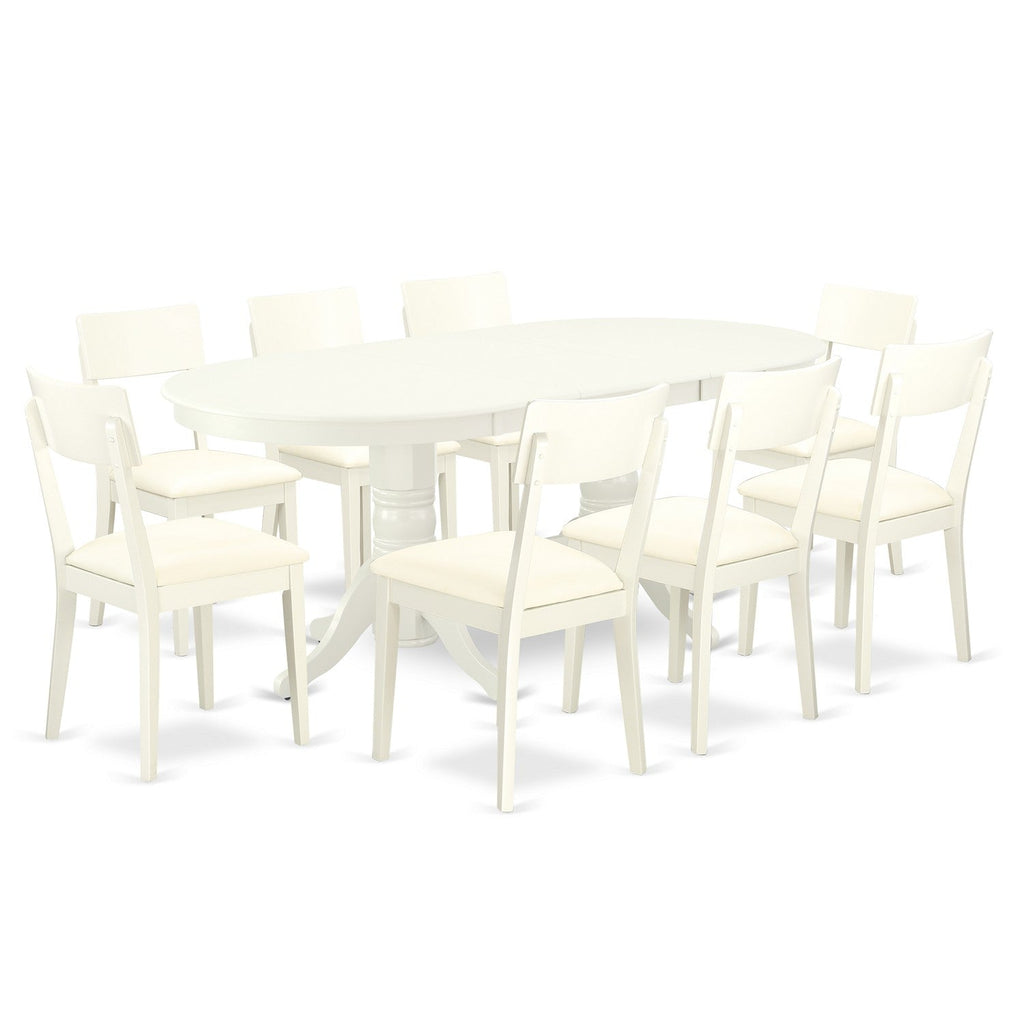 East West Furniture VAAD9-LWH-LC 9 Piece Kitchen Table & Chairs Set Includes an Oval Dining Room Table with Butterfly Leaf and 8 Faux Leather Upholstered Chairs, 40x76 Inch, Linen White