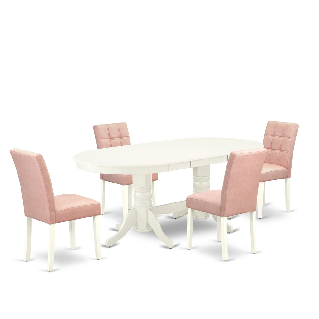 East West Furniture VAAS5-LWH-42 5 Piece Mid-Century Dining Table Set Includes A Wood Table and 4 Beige Red Faux Leather Padded Chairs with Stylish Back- Linen White Finish