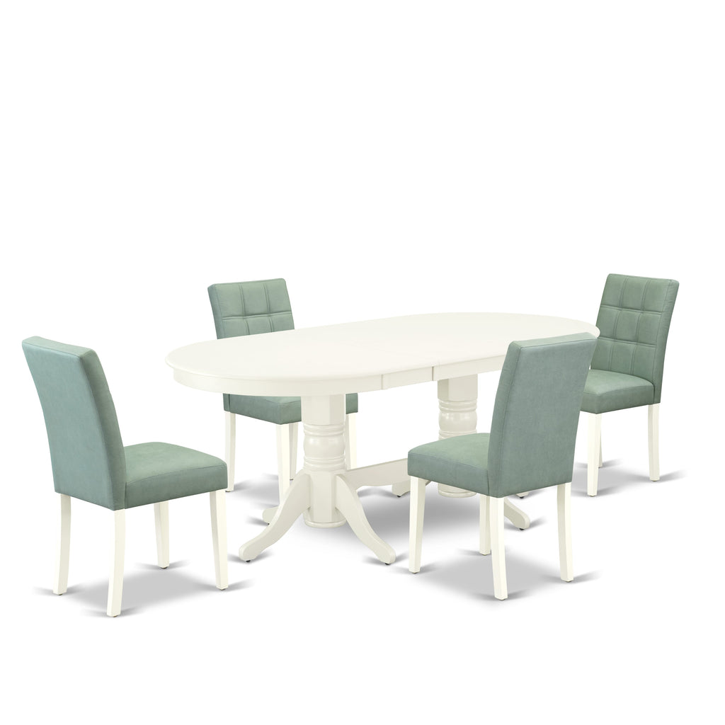 East West Furniture VAAS5-LWH-43 5 Piece Kitchen Table Set contain A Wooden Table and 4 Willow Green Faux Leather Mid Century Chairs, Linen White