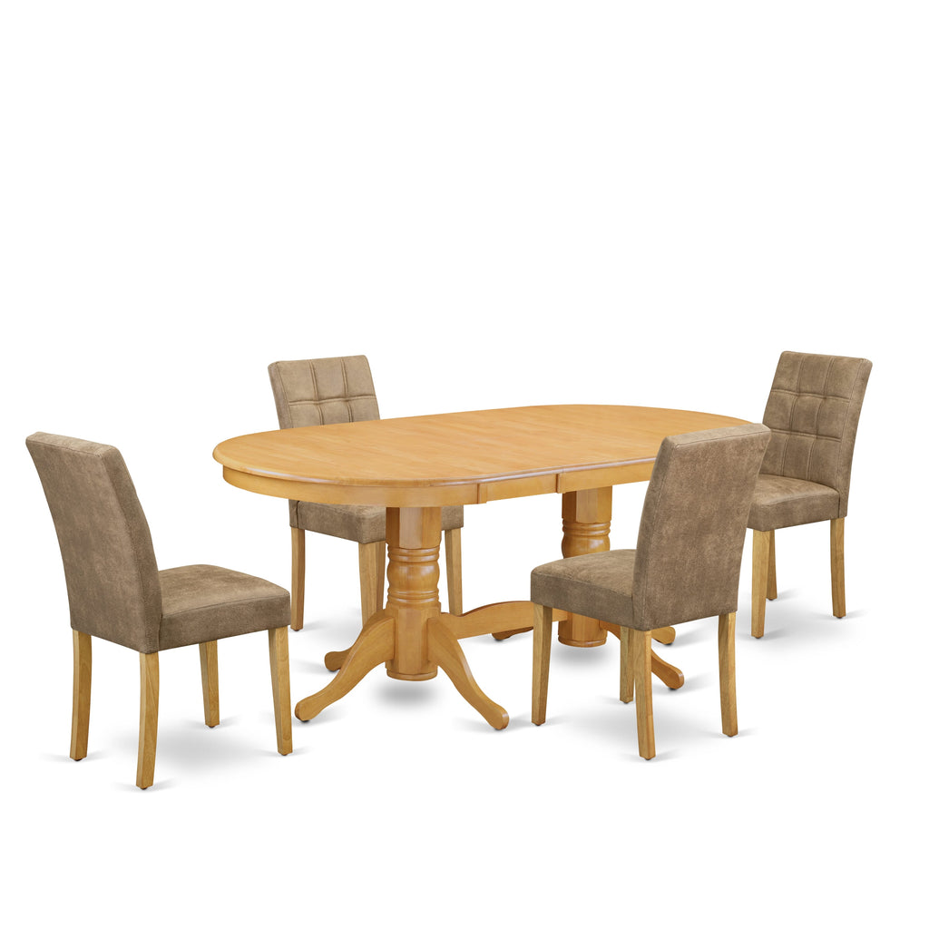 East West Furniture VAAS5-OAK-28 5 Piece Mid Century Modern Dining Set consists A Dinner Table and 4 Brown Textured Faux Leather Upholstered Chairs, Oak