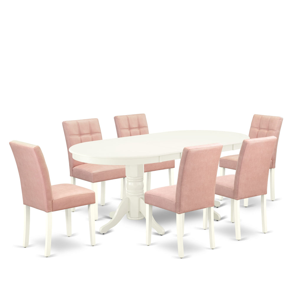 East West Furniture VAAS7-LWH-42 7 Piece Dining Table Set consists A Wooden Table and 6 Beige Red Faux Leather Parson Chairs with Stylish Back- Linen White Finish