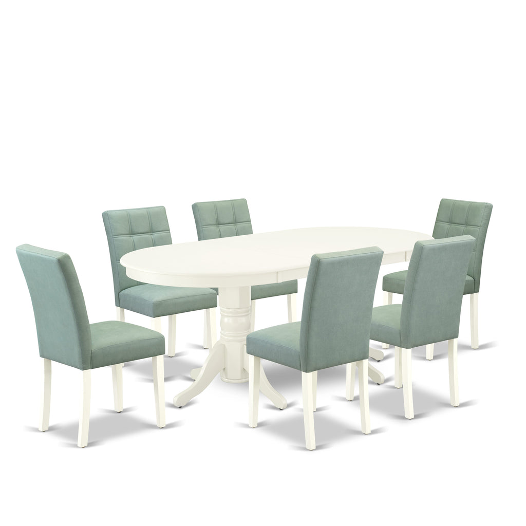 East West Furniture VAAS7-LWH-43 7 Piece Dining Set consists A Mid Century Dining Table and 6 Willow Green Faux Leather Modern Dining Chairs, Linen White