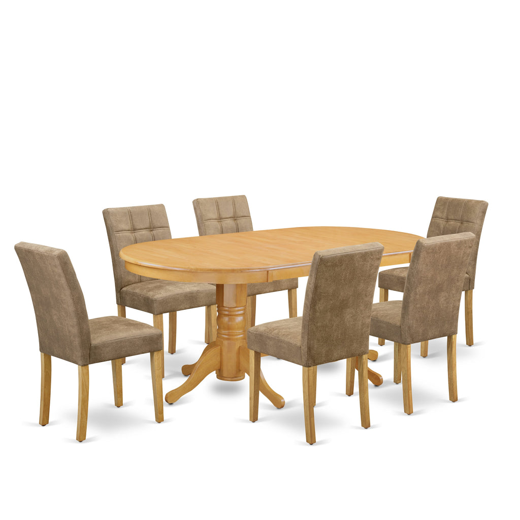 East West Furniture VAAS7-OAK-28 7 Piece Kitchen Dining Table Set Includes A Wooden Kitchen Table and 6 Brown Textured Faux Leather Parson Chairs, Oak