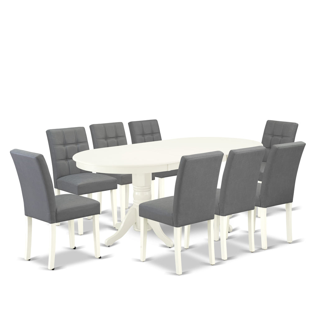 East West Furniture VAAS9-LWH-41 9 Piece Modern Dining Table Set Includes A Dining Table and 8 Platinum Gray Faux Leather Parson Dining Chairs with Stylish Back- Linen White Finish