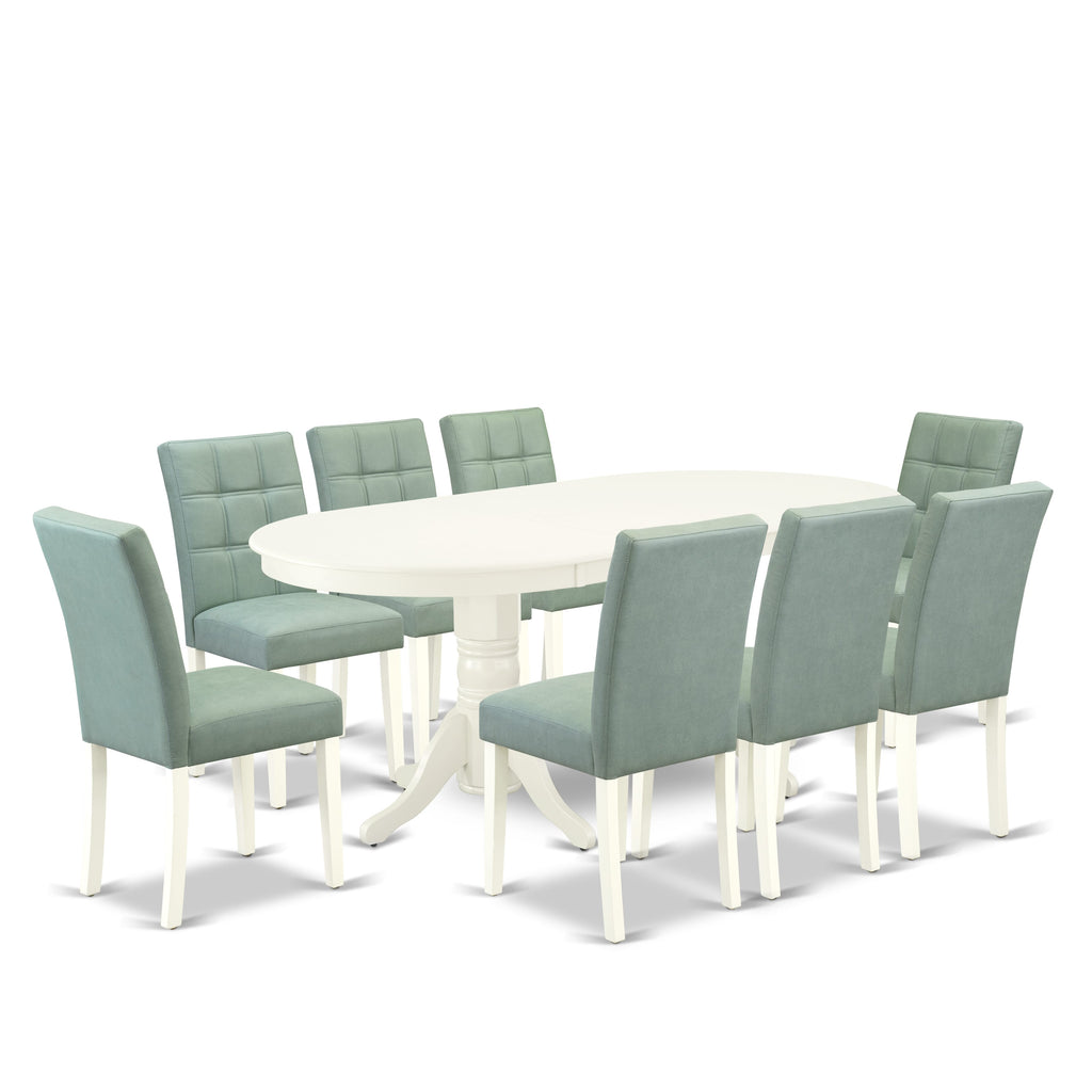 East West Furniture VAAS9-LWH-43 9 Piece Dining Room Set Includes A Wooden Dining Table and 8 Willow Green Faux Leather Parsons Chairs, Linen White