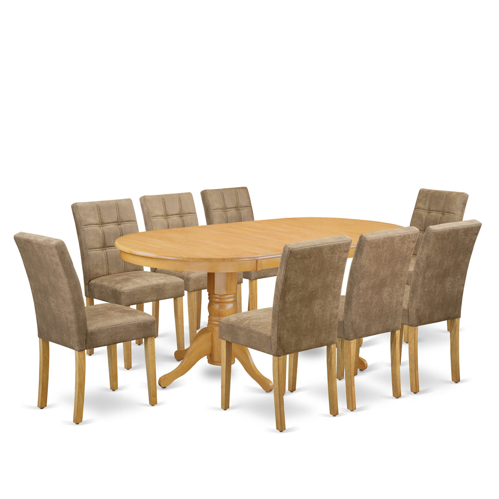 East West Furniture VAAS9-OAK-28 9 Piece Mid Century Modern Dining Table Set contain A Dining Table and 8 Brown Textured Faux Leather Modern Chairs, Oak