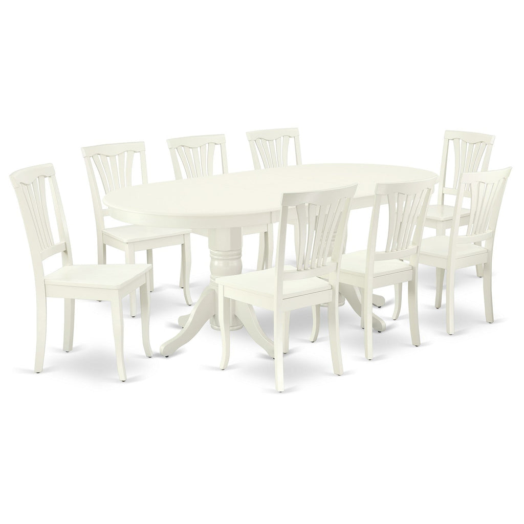East West Furniture VAAV9-LWH-W 9 Piece Kitchen Table & Chairs Set Includes an Oval Dining Room Table with Butterfly Leaf and 8 Solid Wood Seat Chairs, 40x76 Inch, Linen White
