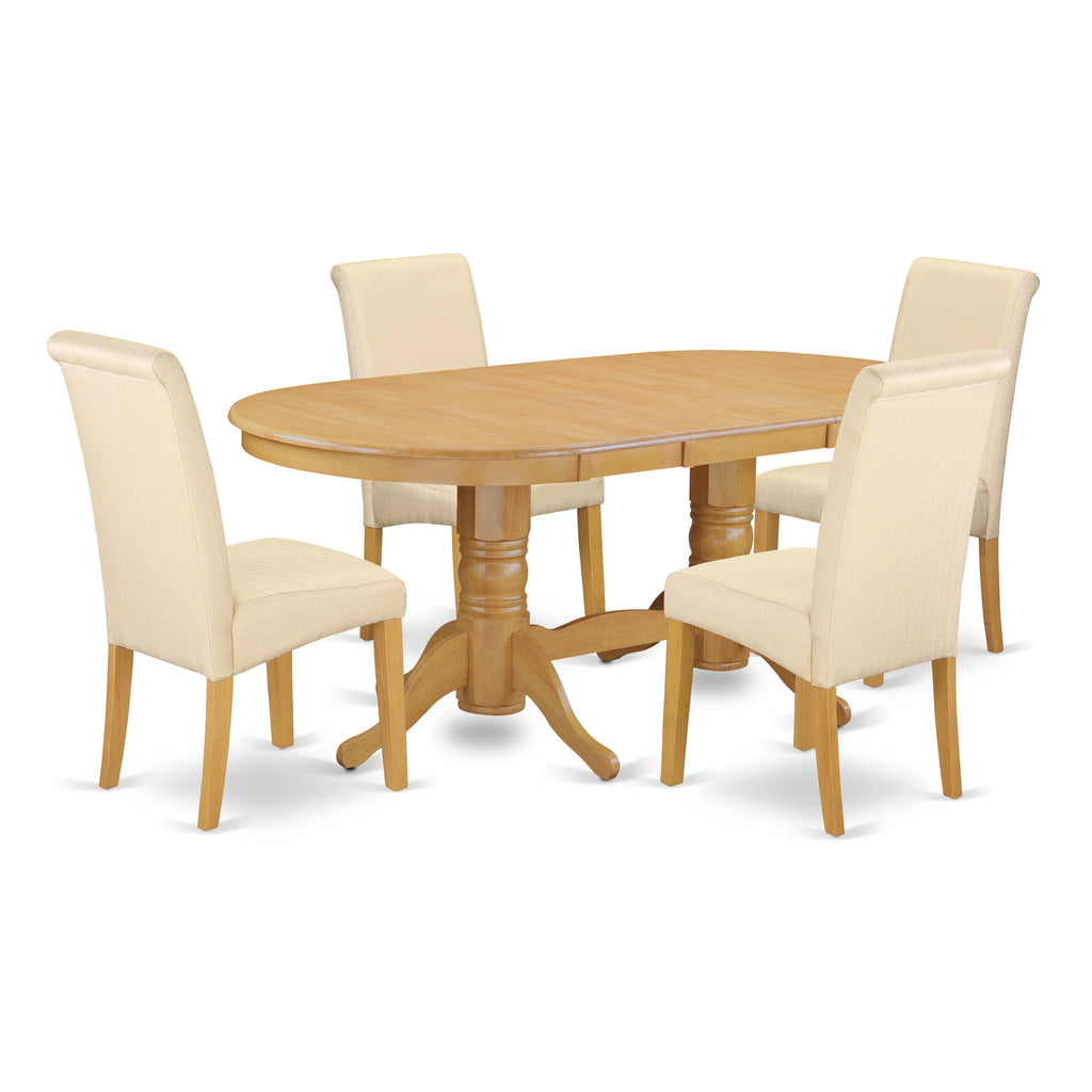 East West Furniture VABA5-OAK-02 5 Piece Kitchen Table Set for 4 Includes an Oval Dining Room Table with Butterfly Leaf and 4 Light Beige Linen Fabric Parson Chairs, 40x76 Inch, Oak