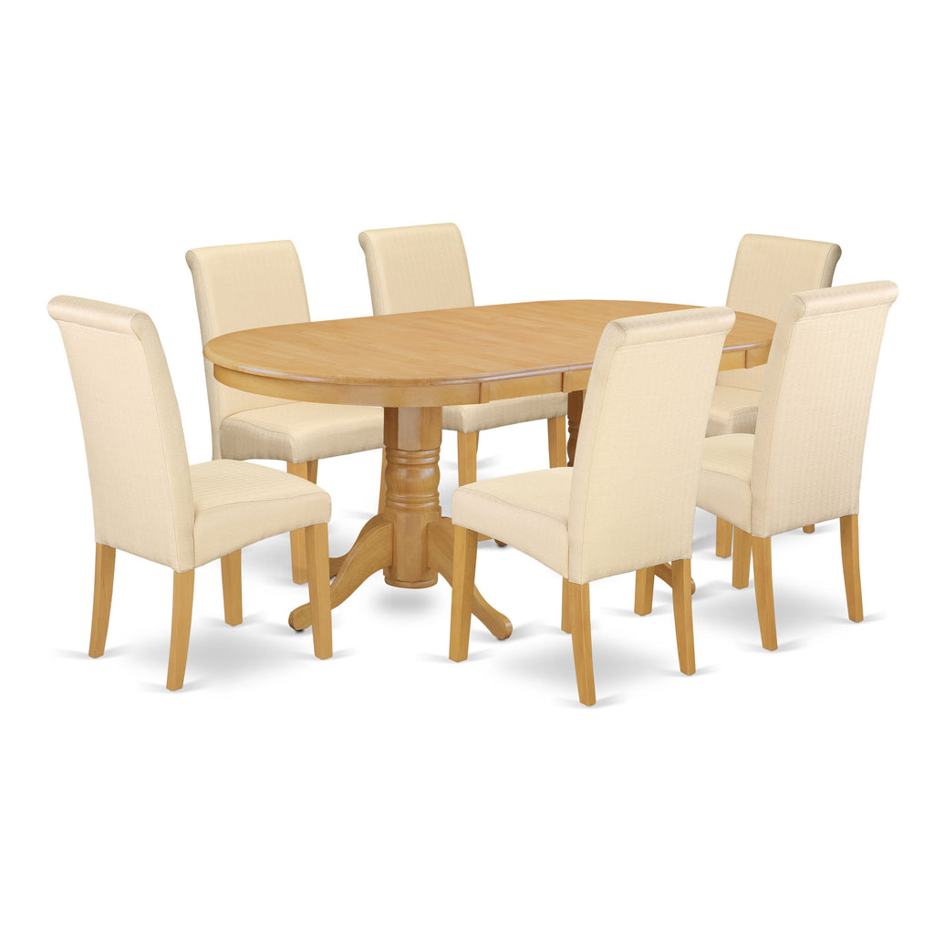 East West Furniture VABA7-OAK-02 7 Piece Dinette Set Consist of an Oval Dining Room Table with Butterfly Leaf and 6 Light Beige Linen Fabric Upholstered Chairs, 40x76 Inch, Oak