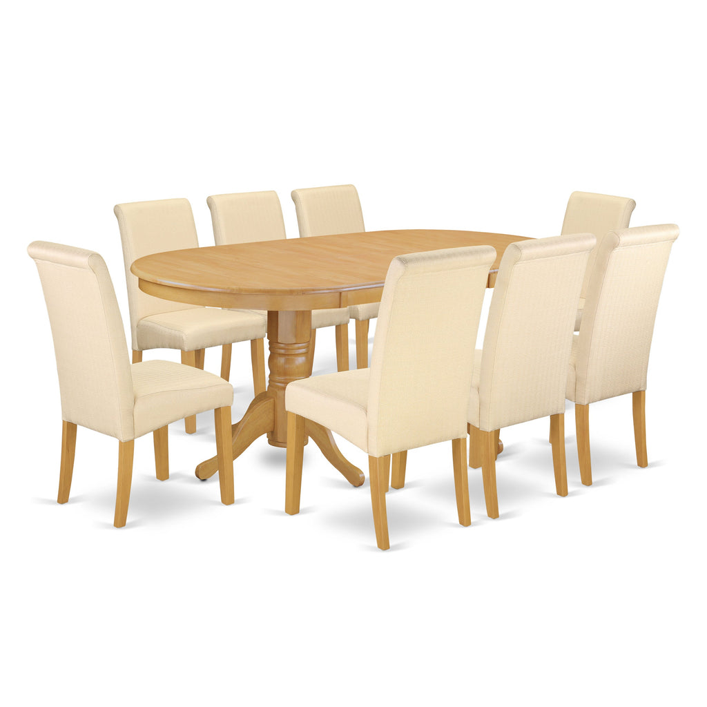 East West Furniture VABA9-OAK-02 9 Piece Kitchen Table Set Includes an Oval Dining Table with Butterfly Leaf and 8 Light Beige Linen Fabric Parson Dining Chairs, 40x76 Inch, Oak
