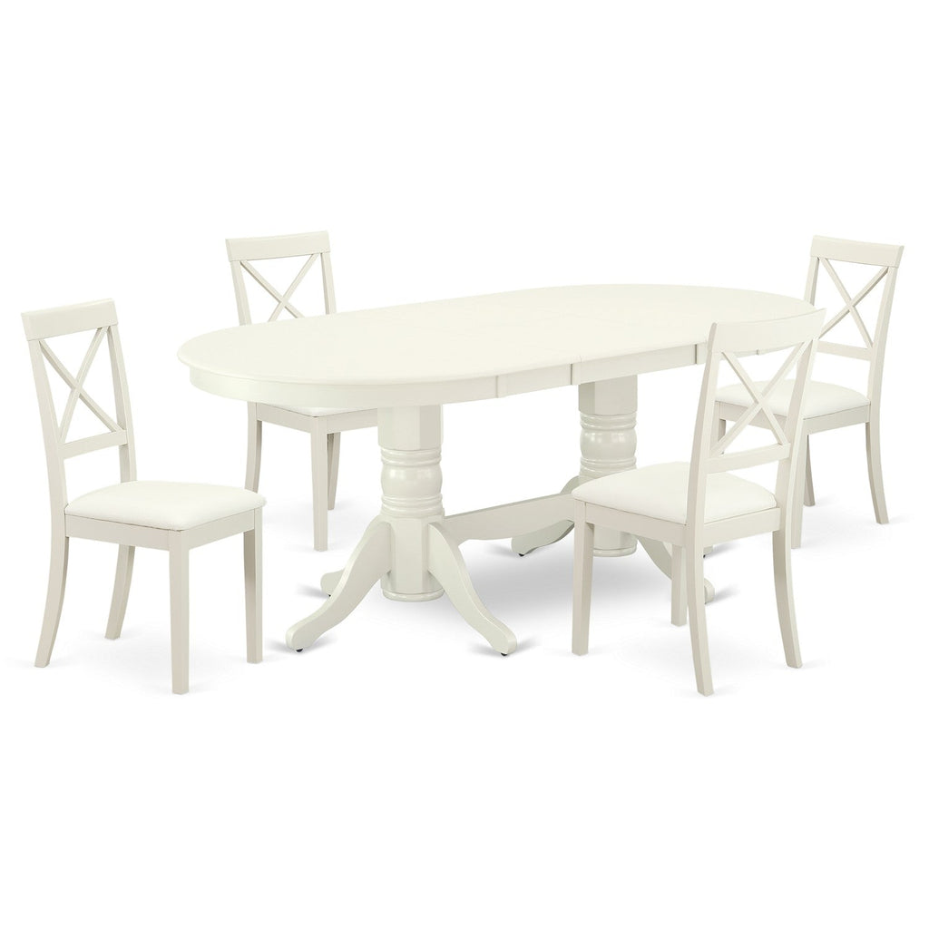 East West Furniture VABO5-LWH-LC 5 Piece Kitchen Table & Chairs Set Includes an Oval Dining Room Table with Butterfly Leaf and 4 Faux Leather Upholstered Chairs, 40x76 Inch, Linen White