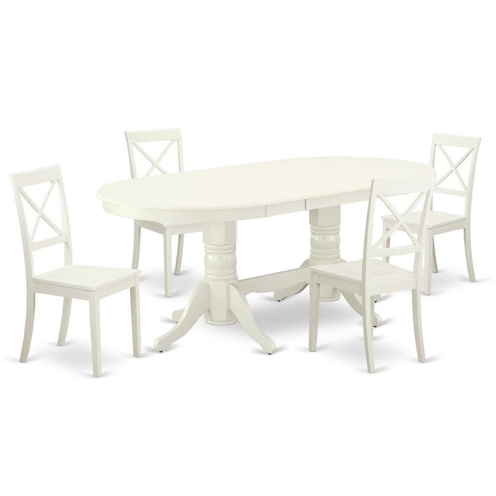 East West Furniture VABO5-LWH-W 5 Piece Kitchen Table Set for 4 Includes an Oval Dining Room Table with Butterfly Leaf and 4 Solid Wood Seat Chairs, 40x76 Inch, Linen White