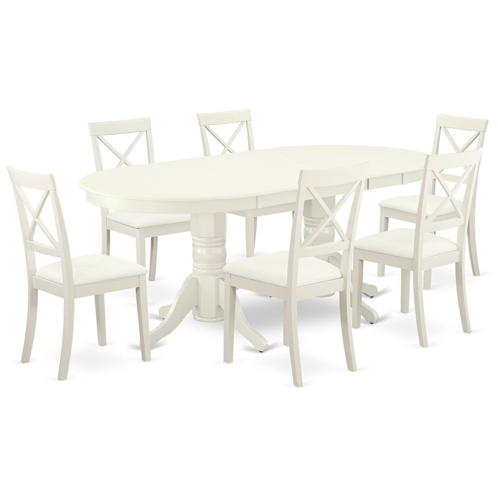 East West Furniture VABO7-LWH-LC 7 Piece Dining Table Set Consist of an Oval Dinner Table with Butterfly Leaf and 6 Faux Leather Dining Room Chairs, 40x76 Inch, Linen White