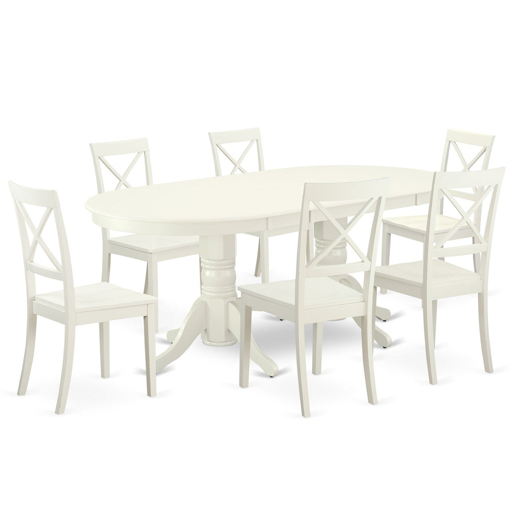 East West Furniture VABO7-LWH-W 7 Piece Dining Set Consist of an Oval Dining Room Table with Butterfly Leaf and 6 Wood Seat Chairs, 40x76 Inch, Linen White